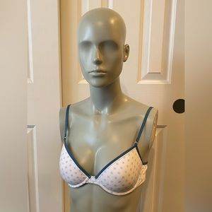 Make+model white with blue polkadot bra, size 32D